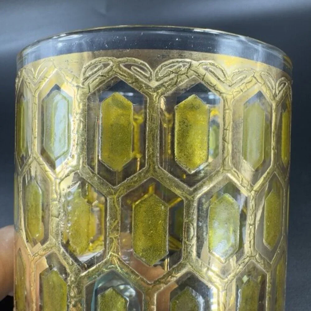 West Virginia Glass Madrid Gold Embossed Hexagon Old Fashioned Glasses Cup Set 2